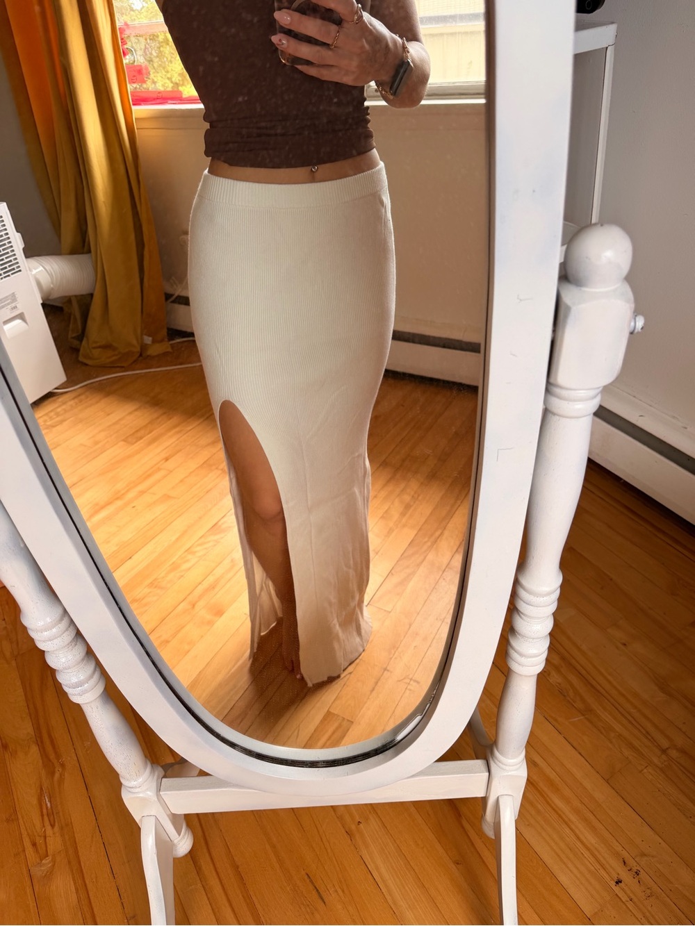 Garage Cream Ribbed Maxi Skirt with Side Slit